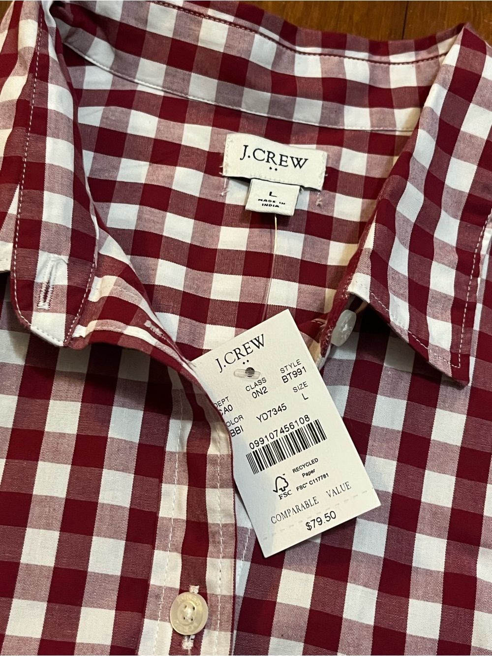 J.Crew Factory Men's Cranberry Red and White Gingham Button-Down Shirt NWT